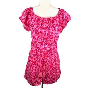 Vineyard Vines Tile Otomi Off-The-Shoulder Romper pink linen sz XL